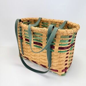 Vintage Woven Wicker Basket with Cloth Handles Tan Green Burgundy